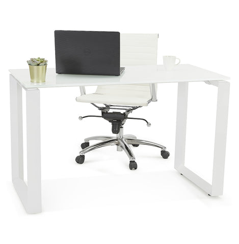 Straight design desk 'BAKUS' of natural finished wood and white metal - 160x80 cm