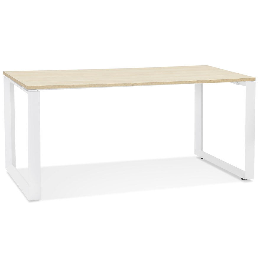 Straight design desk 'BAKUS' of natural finished wood and white metal - 160x80 cm