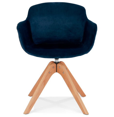 Fauteuil 'BERNI' in blauw fluweel met naturel houten poten