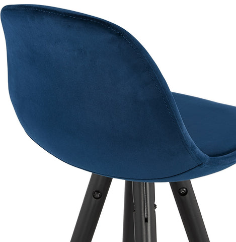 Halfhoge design barkruk 'CHICAGO MINI' in blauw fluweel en 4 poten in zwart hout