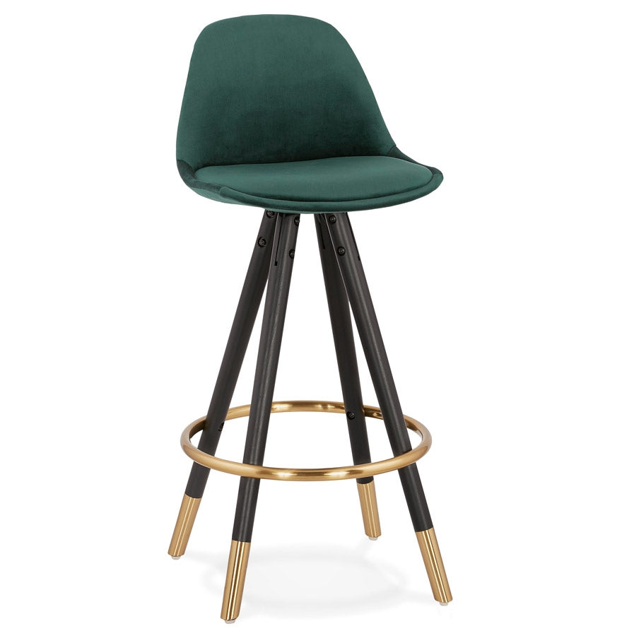 Halfhoge design barkruk 'CHICAGO MINI' in groen fluweel en 4 poten in zwart hout