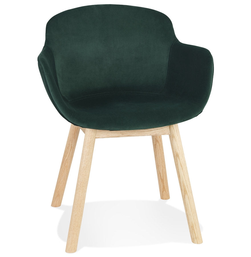 Fauteuil 'FRIDA' in groen fluweel met armleuningen en poten in naturel hout