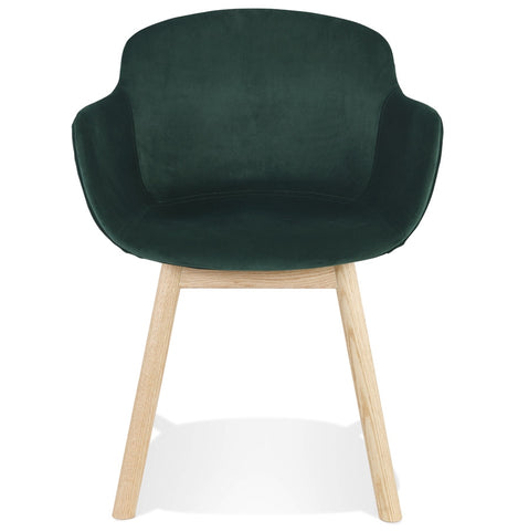 Fauteuil 'FRIDA' in groen fluweel met armleuningen en poten in naturel hout