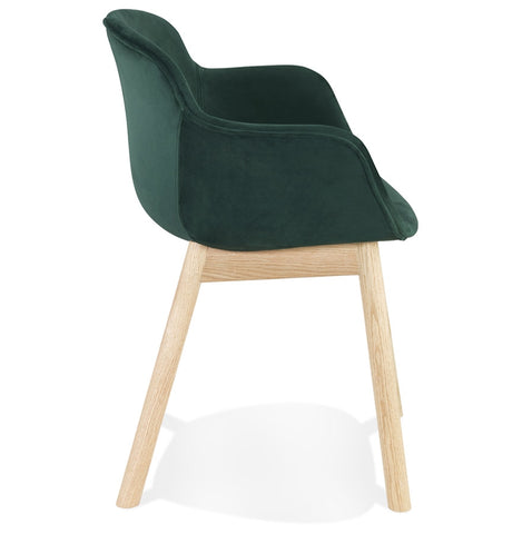 Fauteuil 'FRIDA' in groen fluweel met armleuningen en poten in naturel hout