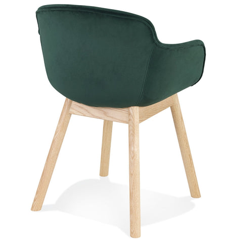 Fauteuil 'FRIDA' in groen fluweel met armleuningen en poten in naturel hout