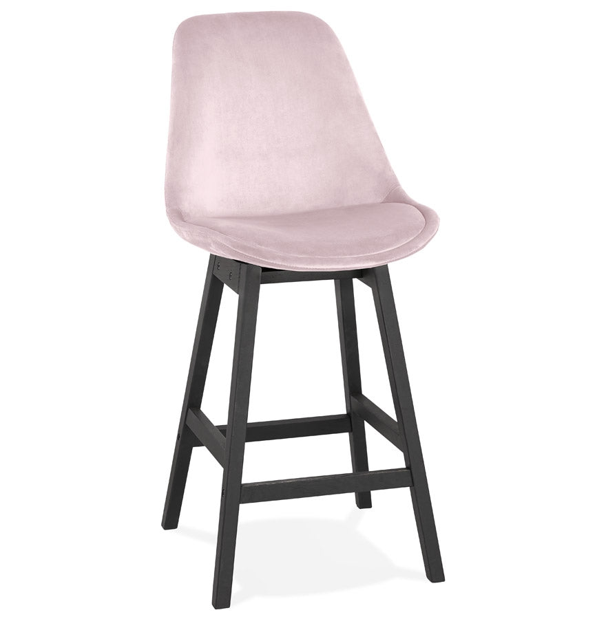 Halfhoge design barkruk 'MORISS MINI' in roze fluweel en poten in zwart hout