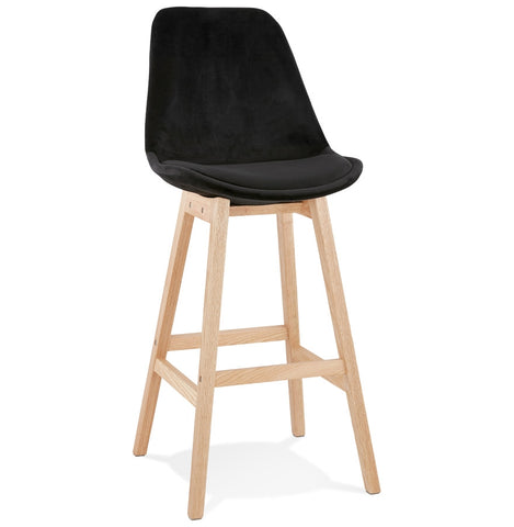 Bar stool 'MORISS' in black velvet with legs in natural wood