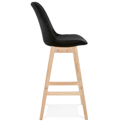 Bar stool 'MORISS' in black velvet with legs in natural wood