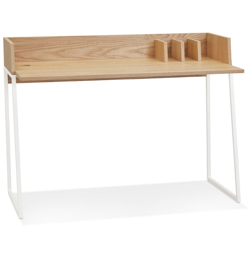 Straight design desk 'SALMON' in natural wood and white metal