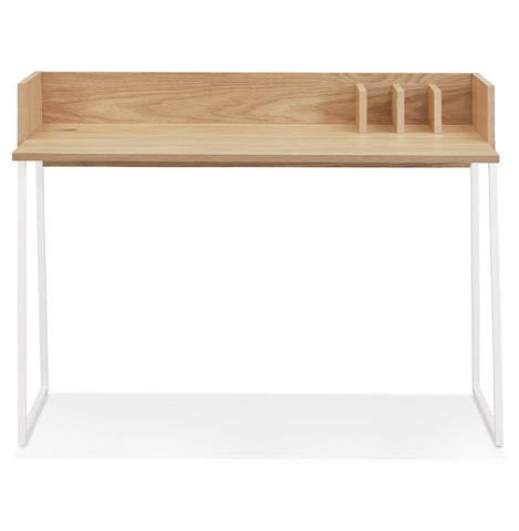 Straight design desk 'SALMON' in natural wood and white metal