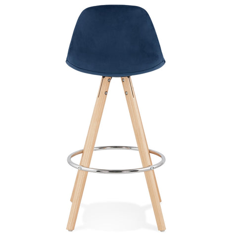 Halfhoge barkruk 'SPIRIT MINI' in blauw fluweel en poten in hout met natuurlijke afwerking