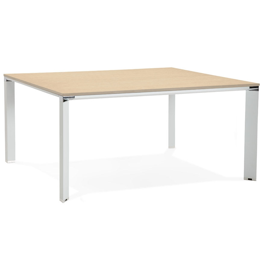 Meeting table / bench desk 'XLINE SQUARE' in wood with natural finish and white metal - 160x160 cm